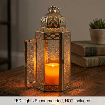 Black Metal Decorative Moroccan Lantern Candle Holder Lamp - Indoor/Outdoor, Home Decor, Patio, Weddings, Christmas - White Gold Medium - PT06