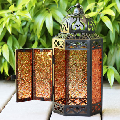 Set of 3 Amber/Orange Glass & Black Metal Moroccan Candle Lantern Holders (XL, Large, Small) - Decorative Indoor/Outdoor Decor for Patio, Floor, Weddings & Rama - Amber XL-LAR-SM - PT05