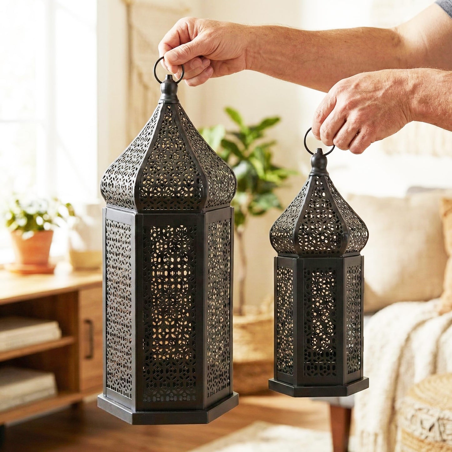 Tower Temple Moroccan Lantern Lamp Decorative Candle Holders - Black Set of 2 - PT05