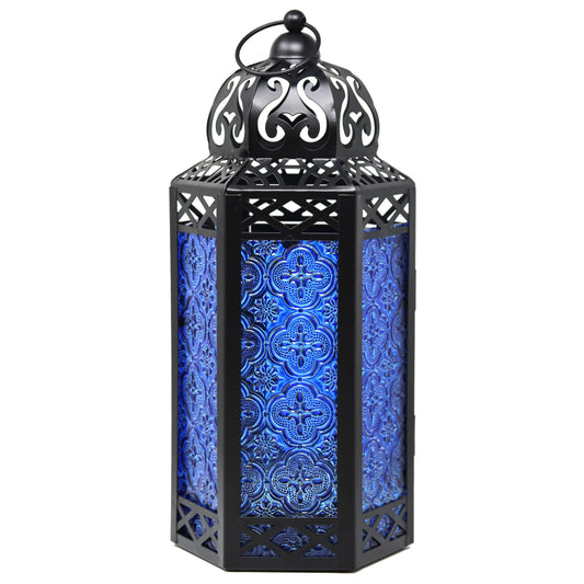 Black Metal Decorative Moroccan Lantern Candle Holder Lamp - Indoor/Outdoor, Home Decor, Patio, Weddings, Christmas - Cobalt Large - MAIN