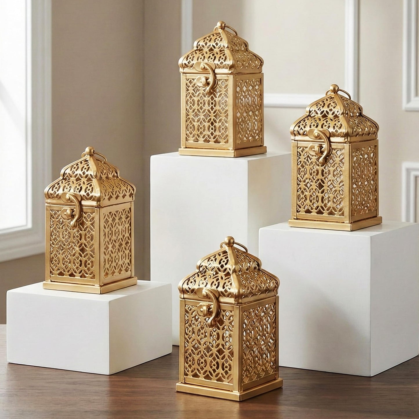 Mini Golden Tower Temple Moroccan Lantern Lamp Decorative Candle Holders for Ramadan Decorations, Hanging, Outdoor Patio or Porch, Indoor Home Decor, Set of 4 - Gold Mini - MAIN