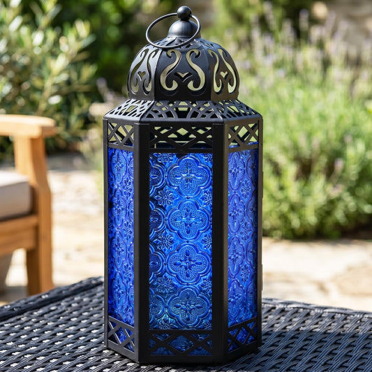 Black Metal Decorative Moroccan Lantern Candle Holder Lamp - Indoor/Outdoor, Home Decor, Patio, Weddings, Christmas - Cobalt Large - PT01