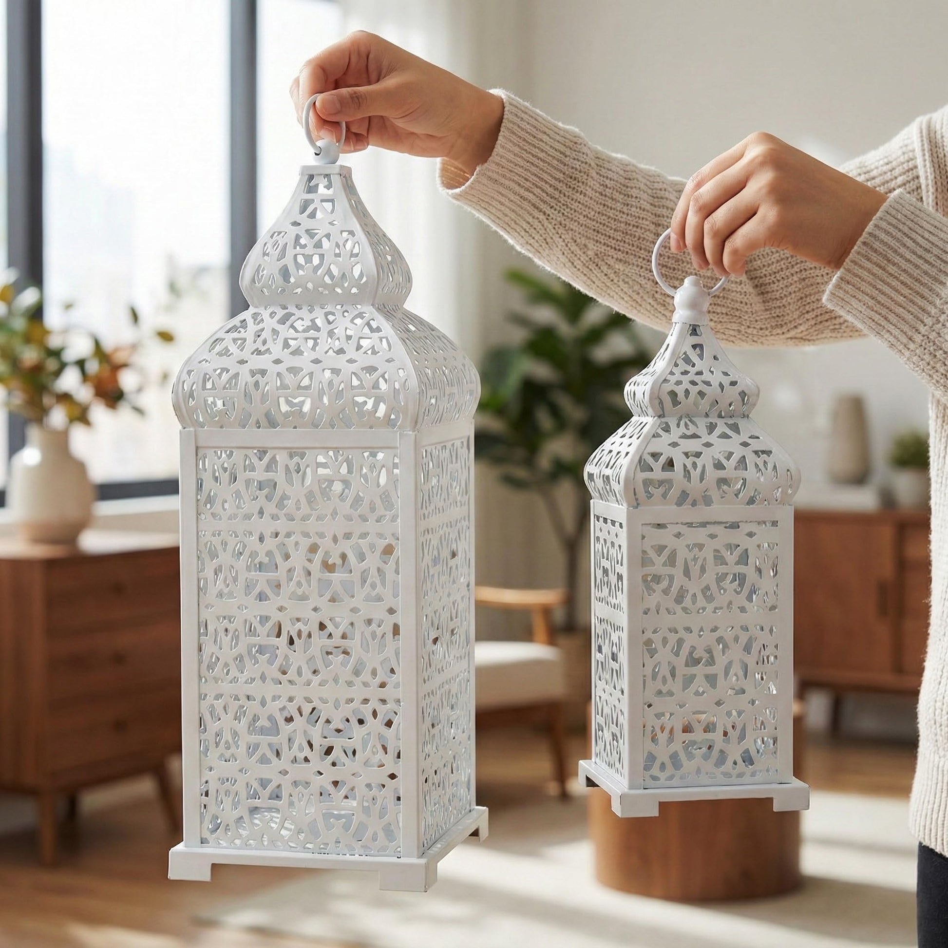 Large Temple Moroccan Lantern Lamp Decorative Candle Holders for Ramadan Decorations, Hanging, Outdoor Patio or Porch, Indoor Home Decor, Weddings, White, Set o - White 11" and 15" - PT05