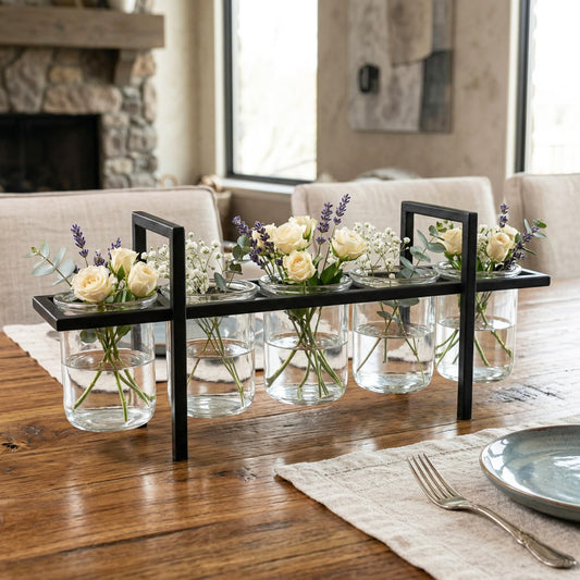 5-Cup Rustic Modern Floating Candle Holder Table Centerpiece Decoration for Dining Room, Kitchen, Patio, Weddings, Metal Iron with Glass Cups, 16" Long - Black 5-cup - PT01