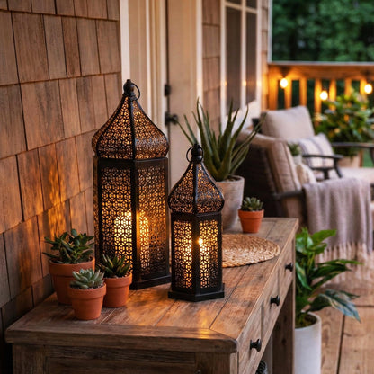 Tower Temple Moroccan Lantern Lamp Decorative Candle Holders - Black Set of 2 - PT07