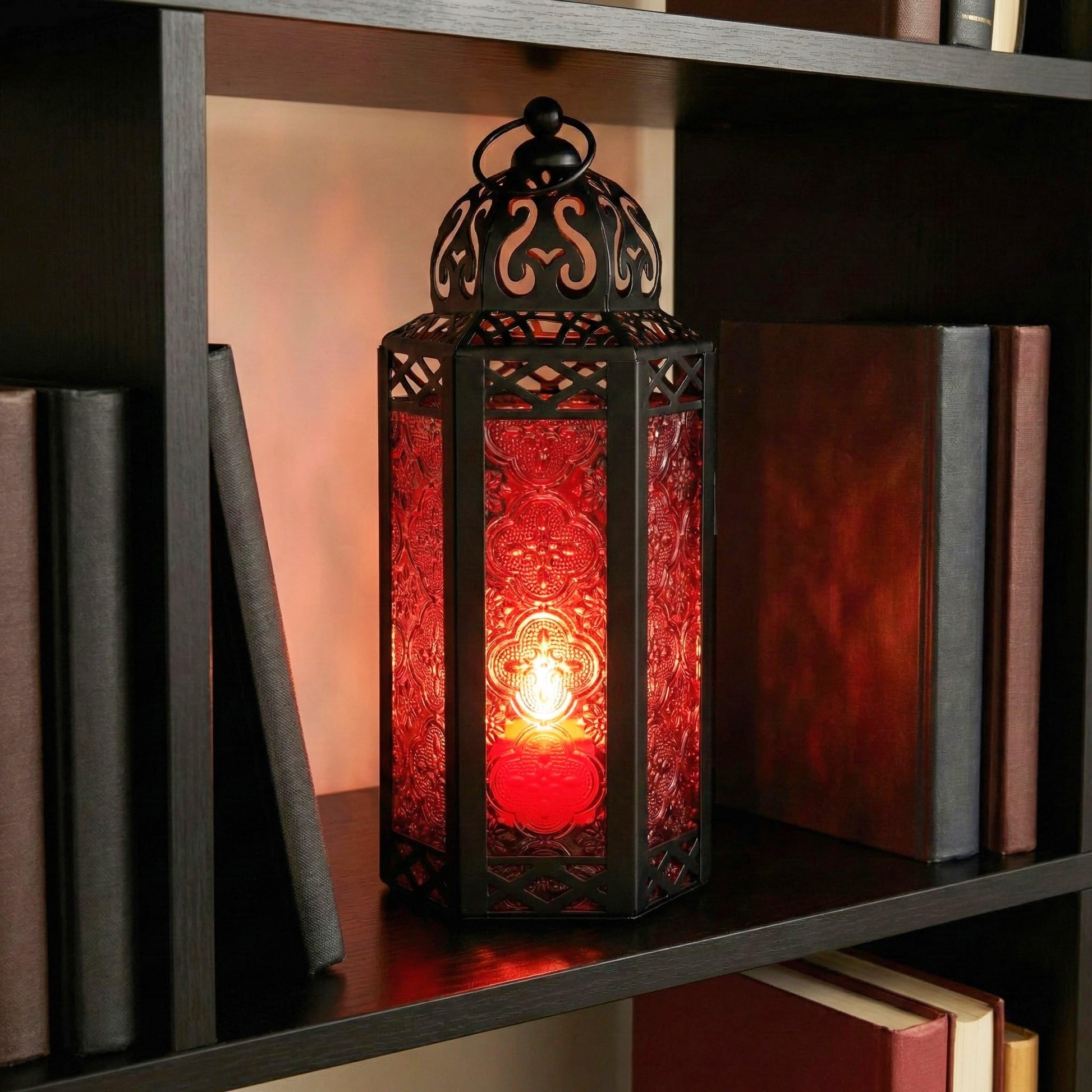 Black Metal Decorative Moroccan Lantern Candle Holder Lamp - Indoor/Outdoor, Home Decor, Patio, Weddings, Christmas - Red Medium - PT02