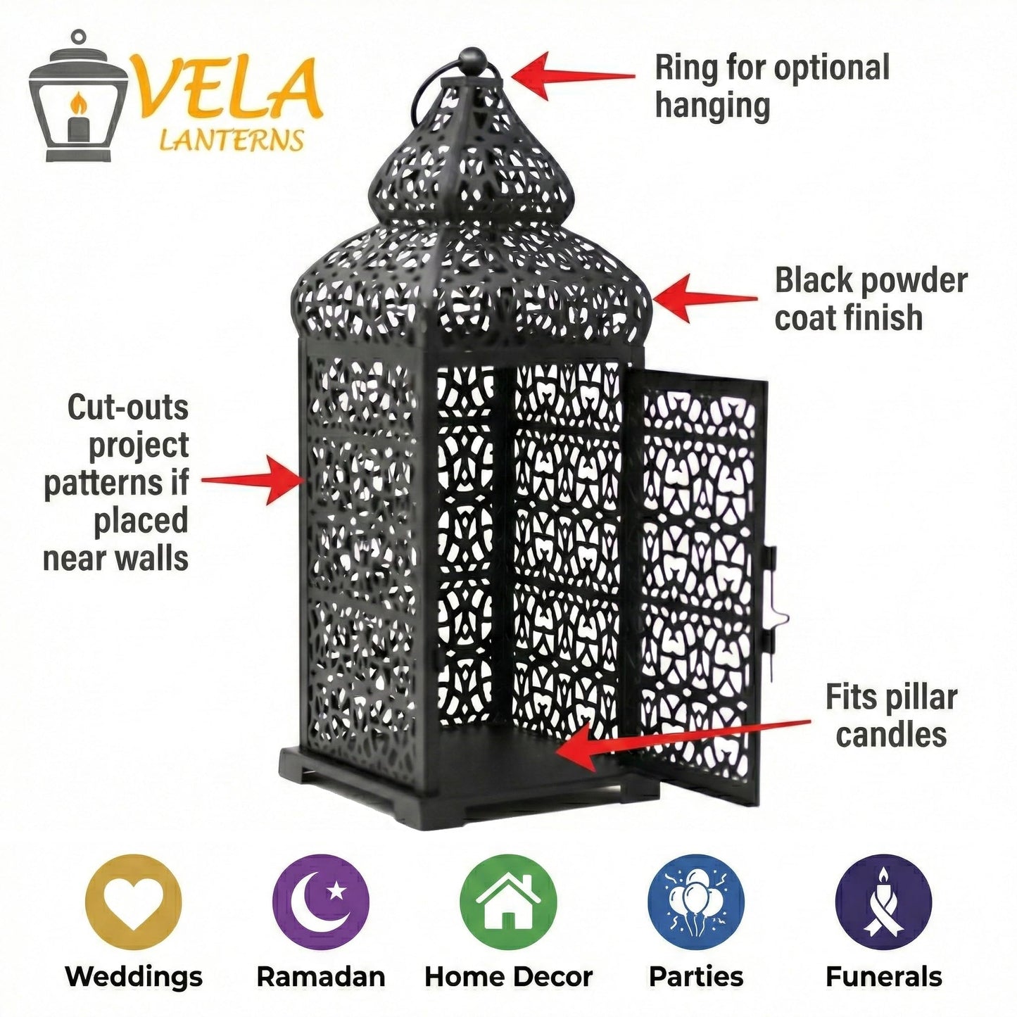 Large Temple Moroccan Lantern Lamp Decorative Candle Holders for Ramadan Decorations, Hanging, Outdoor Patio or Porch, Indoor Home Decor, Weddings, Black, Set o - Black 11" and 15" - PT04