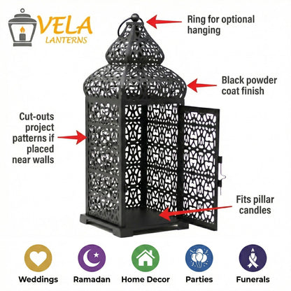 Large Temple Moroccan Lantern Lamp Decorative Candle Holders for Ramadan Decorations, Hanging, Outdoor Patio or Porch, Indoor Home Decor, Weddings, Black, Set o - Black 11" and 15" - PT04