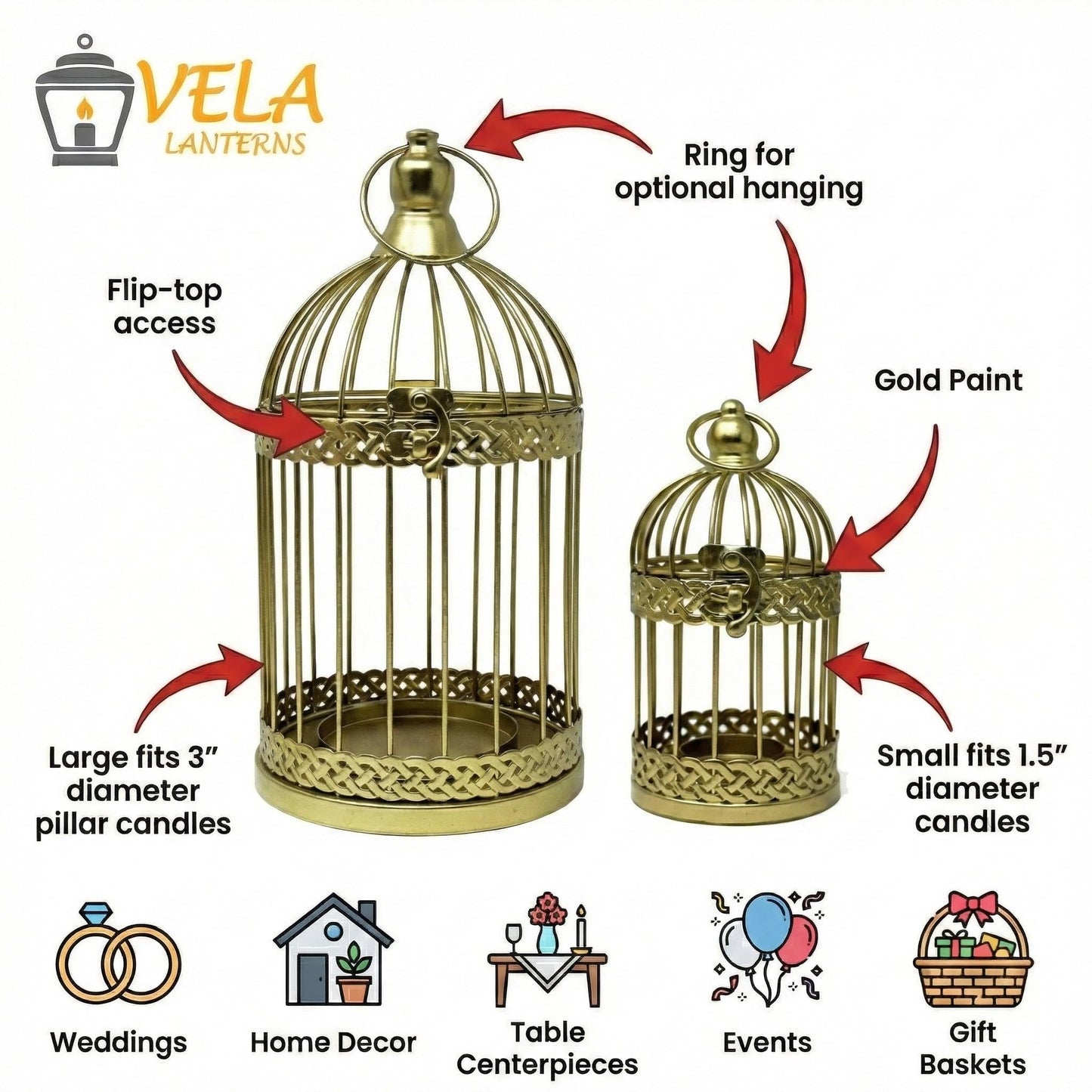 Birdcage Candle Lantern Set - Gold Large and Small - PT06