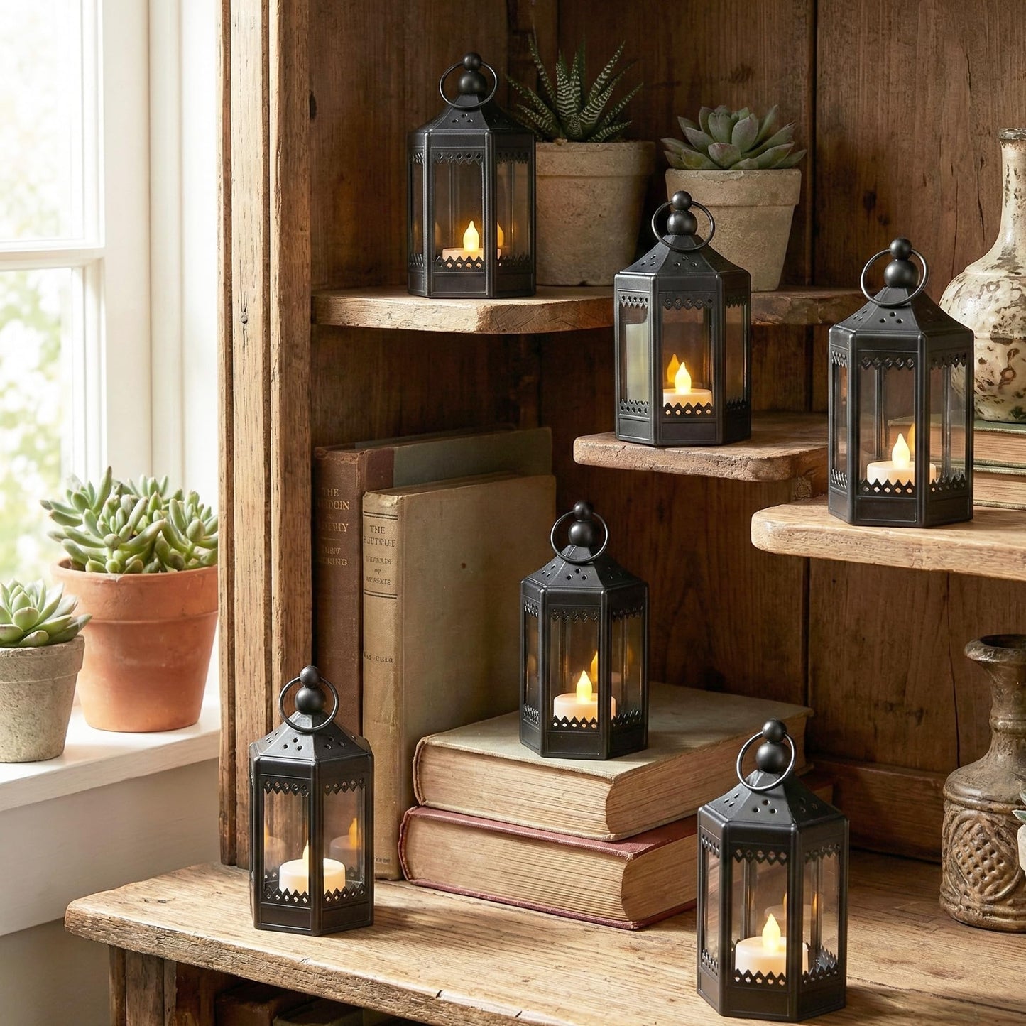 6pc Mini Small 4.5 Inch Metal Moroccan Lanterns Decorative Candle Tealight Holders for Centerpieces, Ramadan, Home Decor, Weddings, Black - Black Set of 6 - PT02