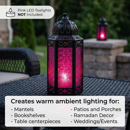 Black Metal Decorative Moroccan Lantern Candle Holder Lamp - Indoor/Outdoor, Home Decor, Patio, Weddings, Christmas - Pink Large - PT04