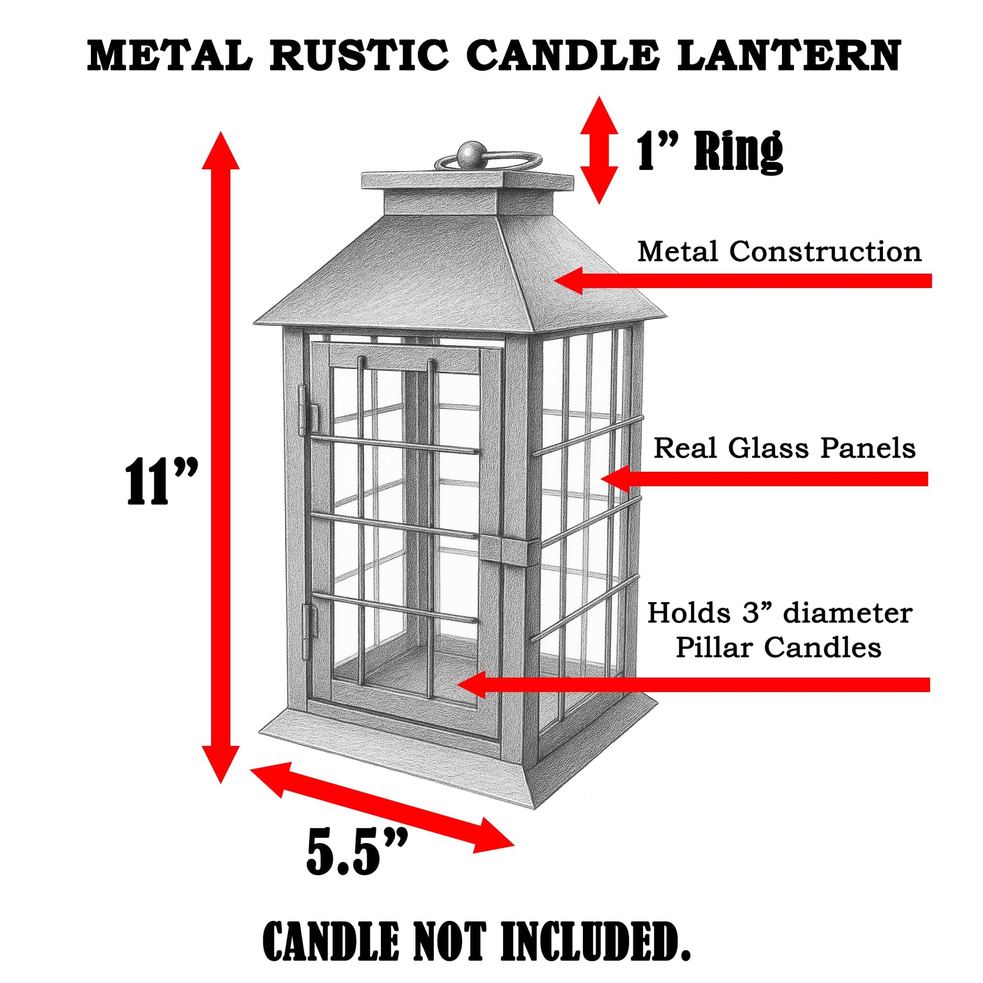 11" Rustic Decorative Candle Lantern – Vintage Metal & Glass Holder for Pillar Candles – Farmhouse Tabletop & Hanging Lantern for Indoor or Patio Decor, Black - Black - PT04