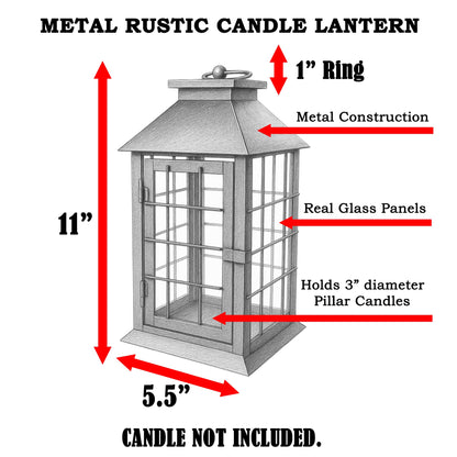 11" Rustic Decorative Candle Lantern – Vintage Metal & Glass Holder for Pillar Candles – Farmhouse Tabletop & Hanging Lantern for Indoor or Patio Decor, Black - Black - PT04