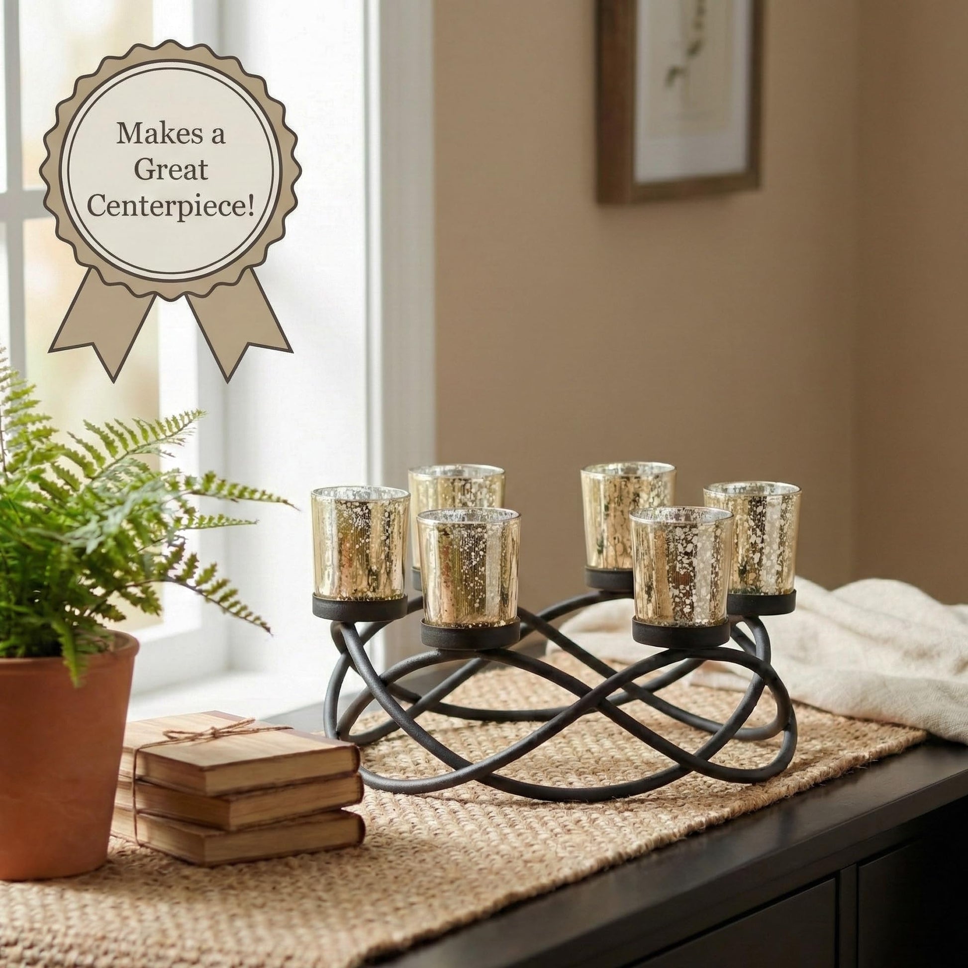 Iron Round Table Decor Centerpiece Decorations Candle Holder for Weddings, Outdoor Patio, Kitchen, Dining Room, and Coffee Tables, Glass Votive Tealight Holders - Black/Gold 6-Cup - PT01