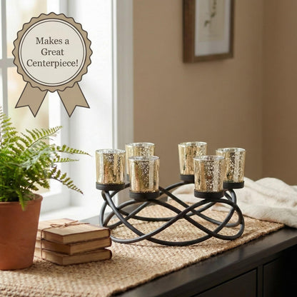 Iron Round Table Decor Centerpiece Decorations Candle Holder for Weddings, Outdoor Patio, Kitchen, Dining Room, and Coffee Tables, Glass Votive Tealight Holders - Black/Gold 6-Cup - PT01