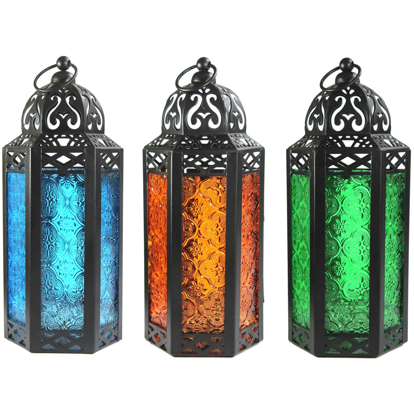 10.5" Moroccan Lamp Lantern Decorative Candle Holder for Indoor Outdoor Home Decor, Patio, Weddings, Ramadan Decorations, Blue/Amber/Green, Medium, Set of 3 - Blue/Amber/Green Medium - PT05