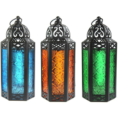 10.5" Moroccan Lamp Lantern Decorative Candle Holder for Indoor Outdoor Home Decor, Patio, Weddings, Ramadan Decorations, Blue/Amber/Green, Medium, Set of 3 - Blue/Amber/Green Medium - PT05