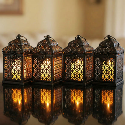 Mini Golden Tower Temple Moroccan Lantern Lamp Decorative Candle Holders for Ramadan Decorations, Hanging, Outdoor Patio or Porch, Indoor Home Decor, Set of 4 - Black Mini - PT08