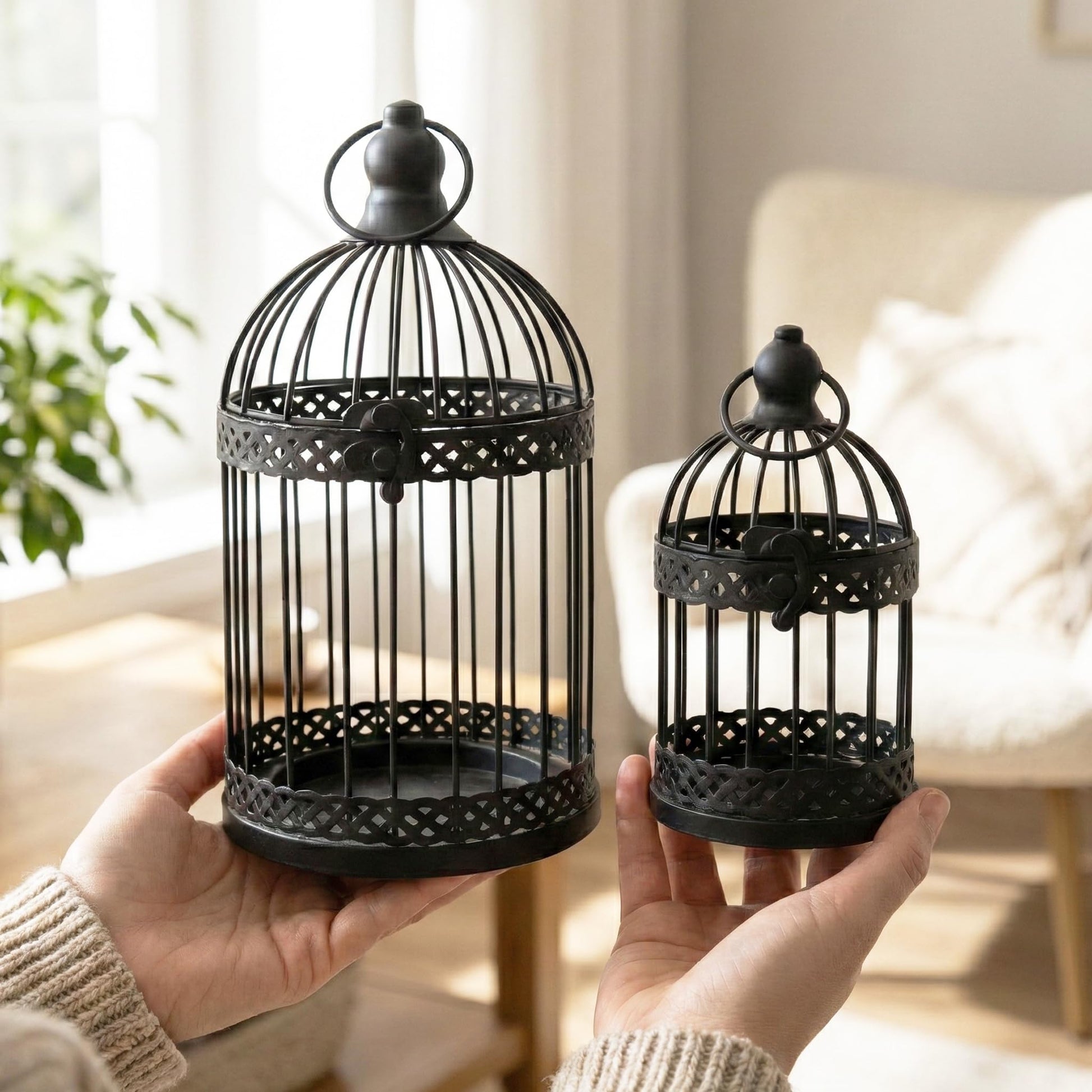 Birdcage Candle Lantern Set - Black Large and Small - PT03