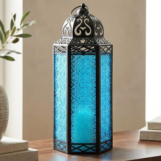 Black Metal Decorative Moroccan Lantern Candle Holder Lamp - Indoor/Outdoor, Home Decor, Patio, Weddings, Christmas - Blue Extra Large - MAIN