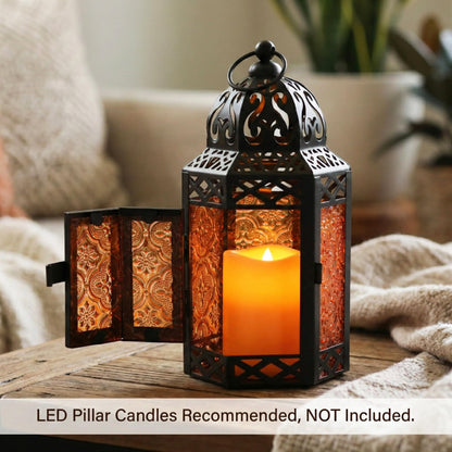 Black Metal Decorative Moroccan Lantern Candle Holder Lamp - Indoor/Outdoor, Home Decor, Patio, Weddings, Christmas - Amber Small - PT06