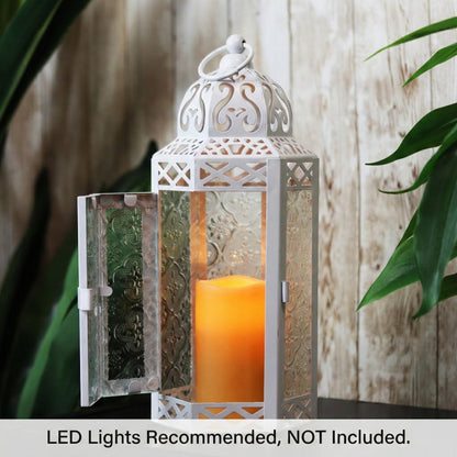 Black Metal Decorative Moroccan Lantern Candle Holder Lamp - Indoor/Outdoor, Home Decor, Patio, Weddings, Christmas - White/Clear Medium - PT07