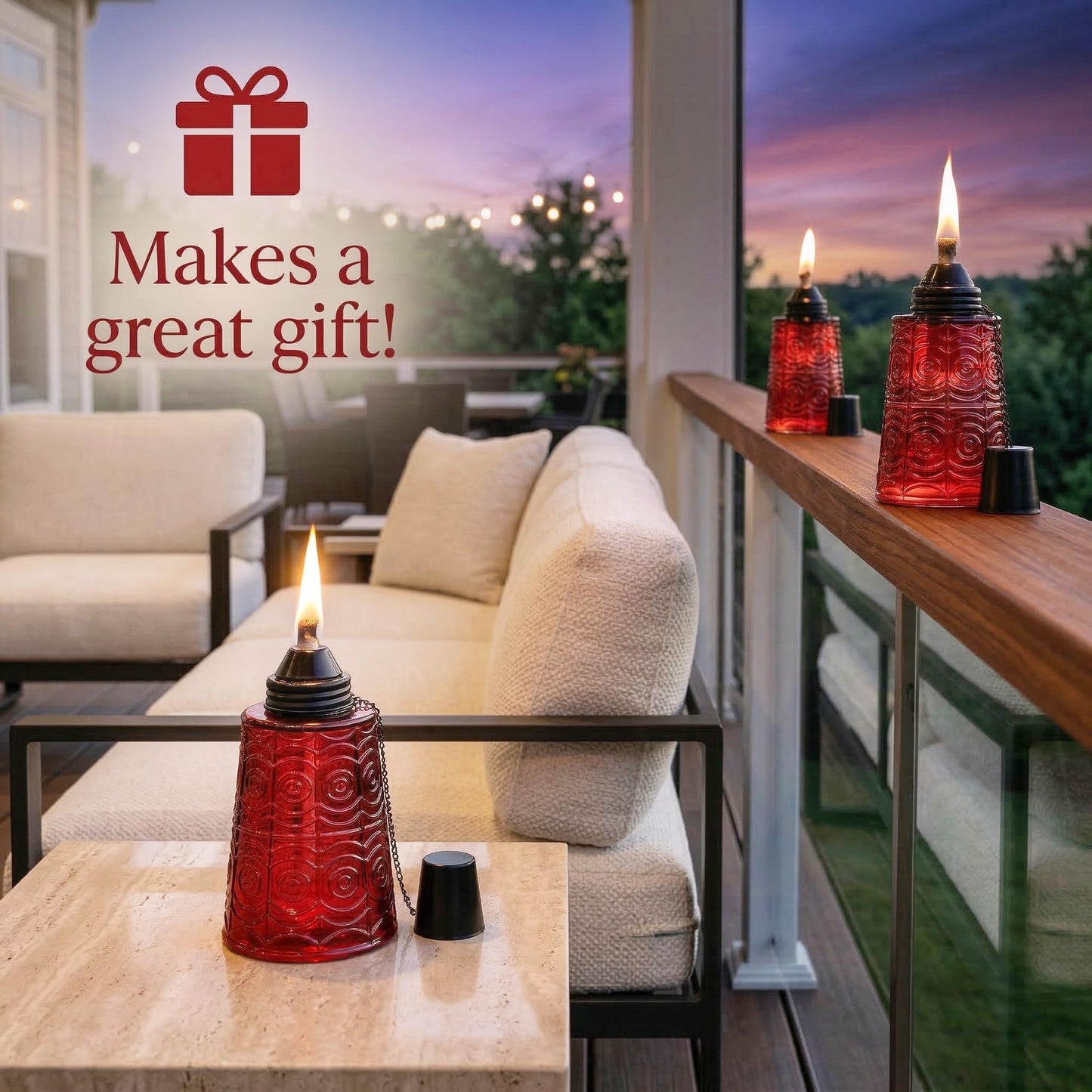 Citronella Table Top Torches for Outdoor Patio, 16oz Decorative Glass Torch Citronella Candles for Outside Deck, Garden, Parties, Set of 3, Red - Red - PT03