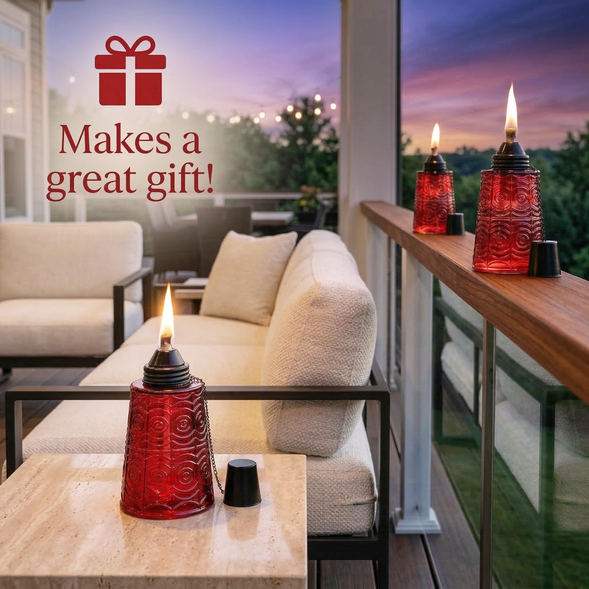 Citronella Table Top Torches for Outdoor Patio, 16oz Decorative Glass Torch Citronella Candles for Outside Deck, Garden, Parties, Set of 3, Red - Red - PT03