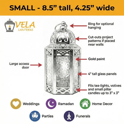 Gold Metal Decorative Moroccan Lantern Candle Holder Lamp - Indoor/Outdoor, Home Decor, Patio, Weddings, Christmas - Gold Small - PT04