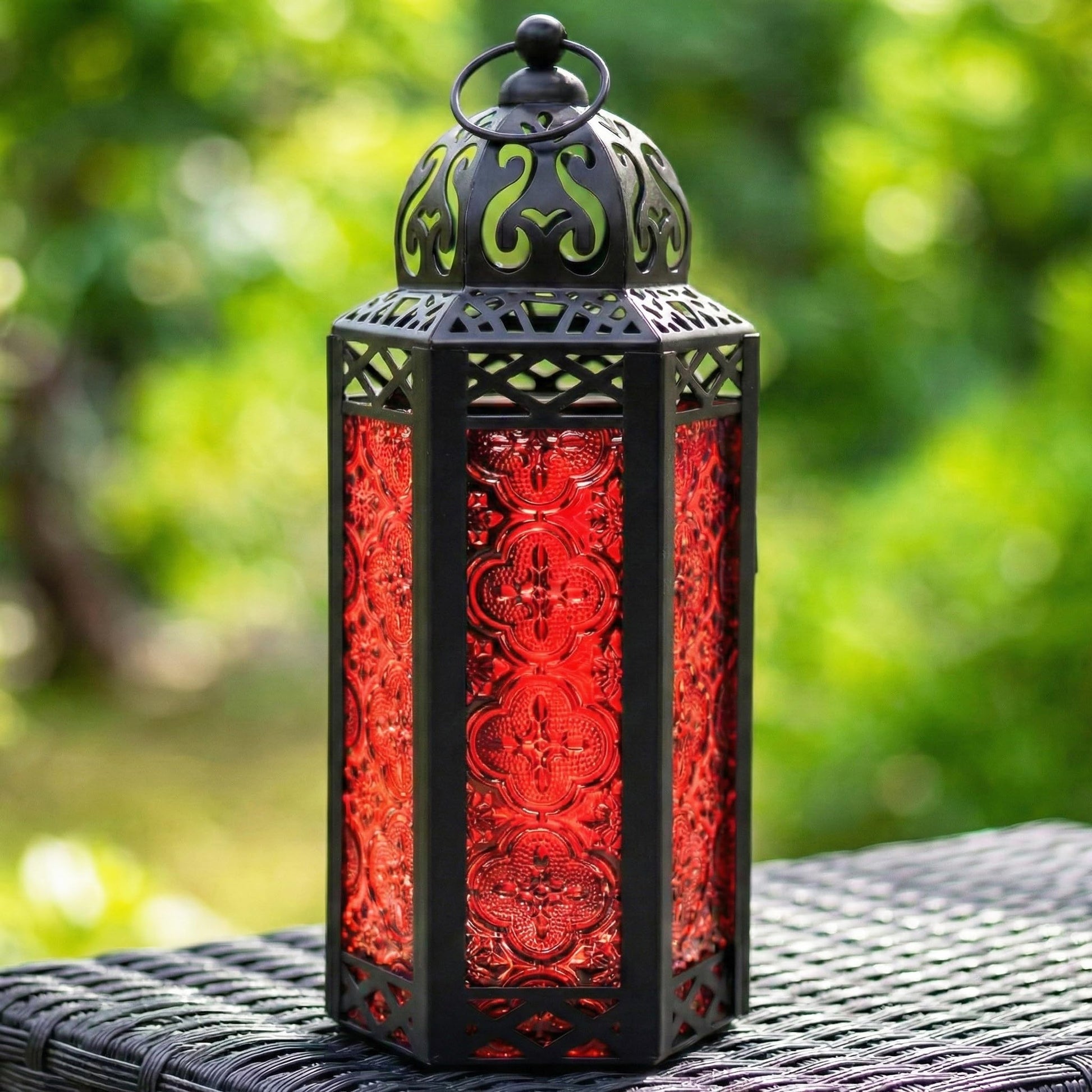 Black Metal Decorative Moroccan Lantern Candle Holder Lamp - Indoor/Outdoor, Home Decor, Patio, Weddings, Christmas - Red Medium - PT03