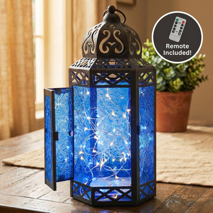 Metal Moroccan Decorative LED Fairy Lights Candle Lantern Holders for Indoor Home Fantasy Decor, Table Centerpieces, Outdoor Patio or Porch, Weddings, Medium - Cobalt Large - PT03