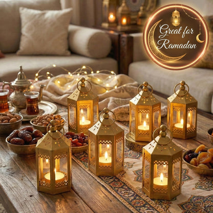 6pc Mini Small 4.5 Inch Metal Moroccan Lanterns Decorative Candle Tealight Holders for Centerpieces, Ramadan, Home Decor, Weddings, Gold - Gold Set of 6 - PT06
