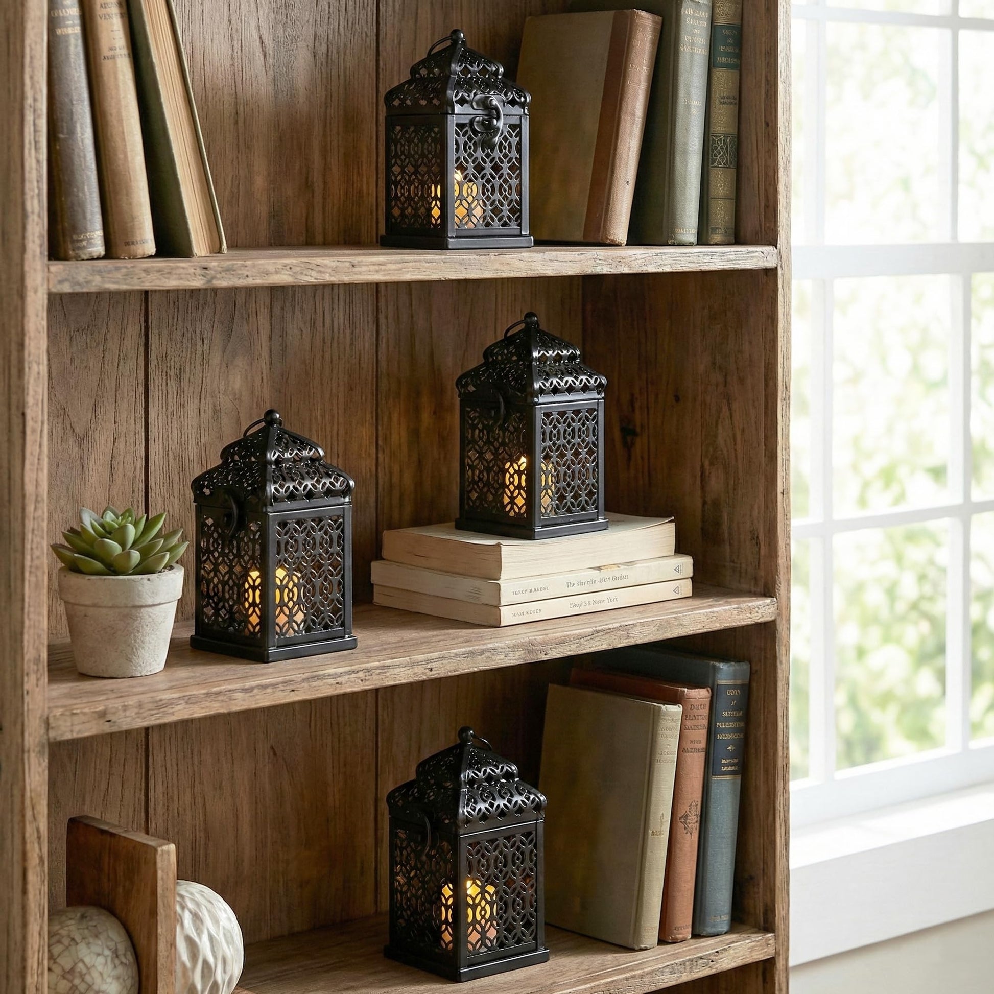 Mini Golden Tower Temple Moroccan Lantern Lamp Decorative Candle Holders for Ramadan Decorations, Hanging, Outdoor Patio or Porch, Indoor Home Decor, Set of 4 - Black Mini - PT02