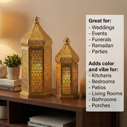 Tower Temple Moroccan Lantern Lamp Decorative Candle Holders - Gold Set of 2 - PT02
