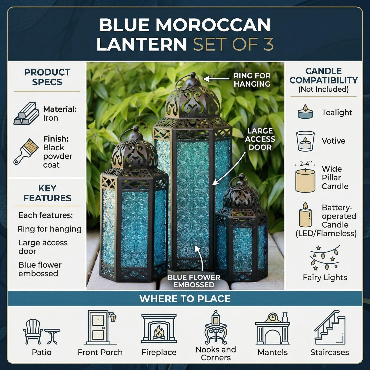 Set of 3 Blue Glass & Black Metal Moroccan Candle Lantern Holders (XL, Large, Small) - Decorative Indoor/Outdoor Decor for Patio, Floor, Weddings & Ramadan - Blue XL-LAR-SM - PT04