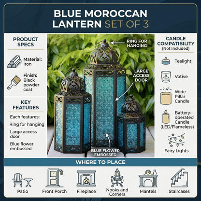 Set of 3 Blue Glass & Black Metal Moroccan Candle Lantern Holders (XL, Large, Small) - Decorative Indoor/Outdoor Decor for Patio, Floor, Weddings & Ramadan - Blue XL-LAR-SM - PT04