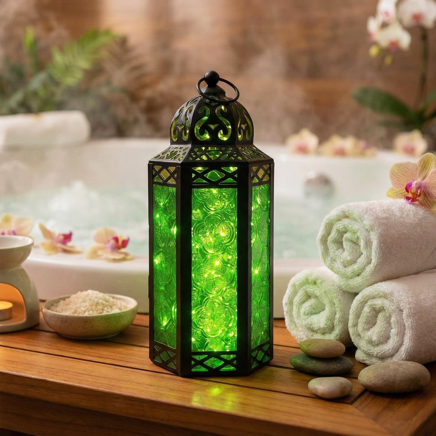 Metal Moroccan Decorative LED Fairy Lights Candle Lantern Holders for Indoor Home Fantasy Decor, Table Centerpieces, Outdoor Patio or Porch, Weddings, Medium - Green Medium - PT07