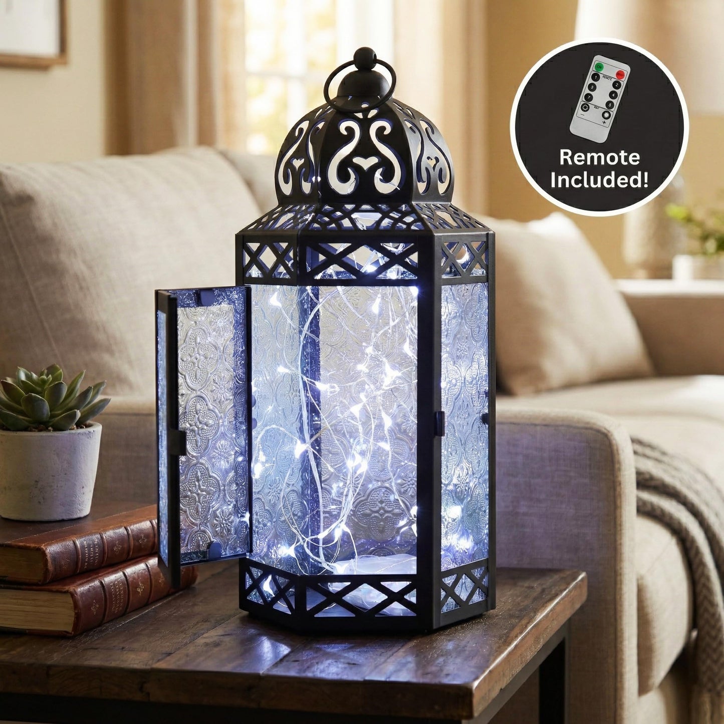 Metal Moroccan Decorative LED Fairy Lights Candle Lantern Holders for Indoor Home Fantasy Decor, Table Centerpieces, Outdoor Patio or Porch, Weddings, Medium - Clear Large - PT04