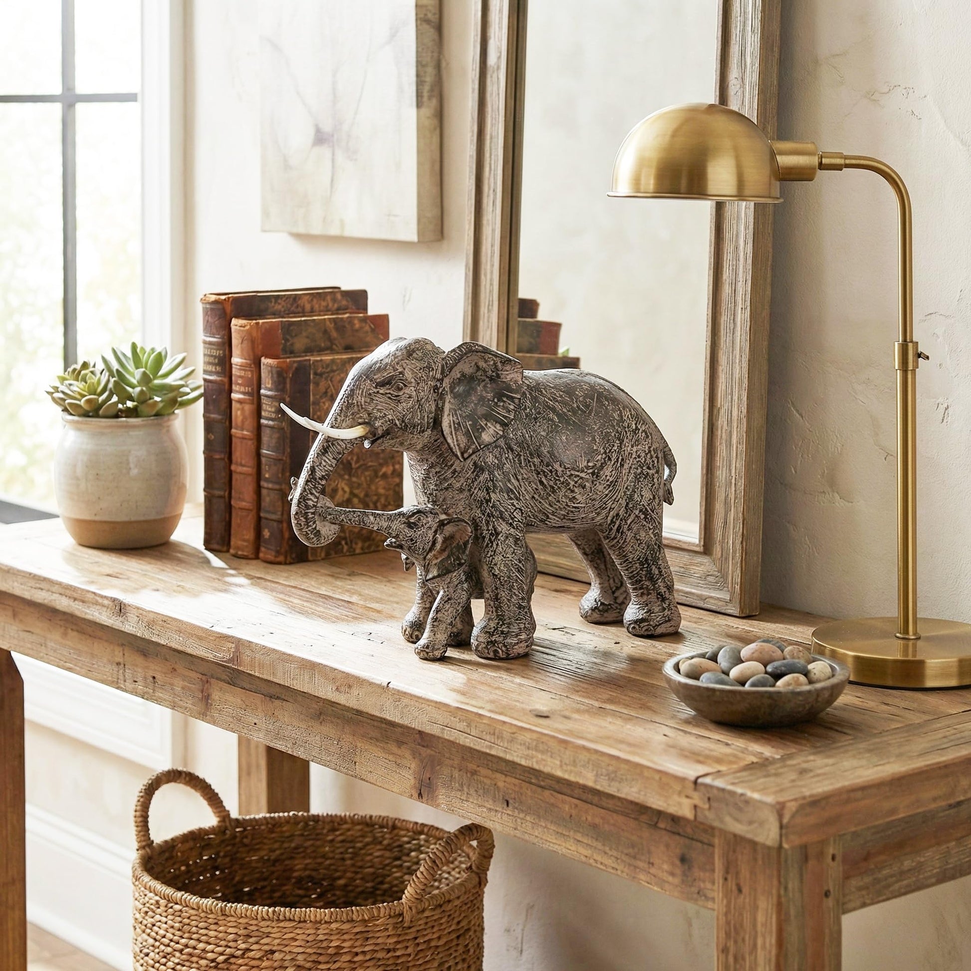 Large Elephant Decor Gifts for Women, African Elephants Mother with Walking Baby Statue - Gray Mother Elephant with Walking Baby - PT01