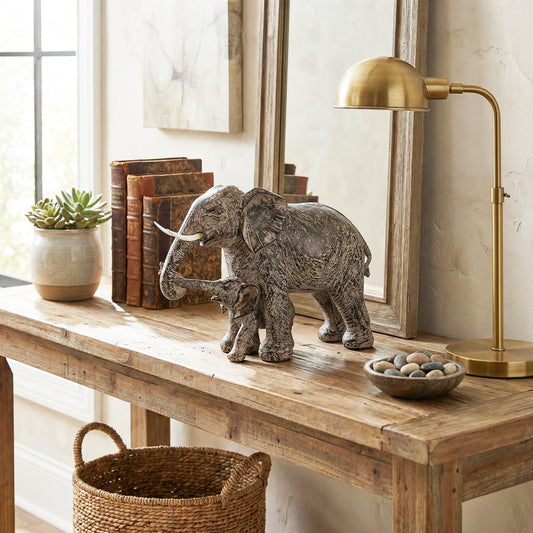 Large Elephant Decor Gifts for Women, African Elephants Mother with Walking Baby Statue - Gray Mother Elephant with Walking Baby - PT01
