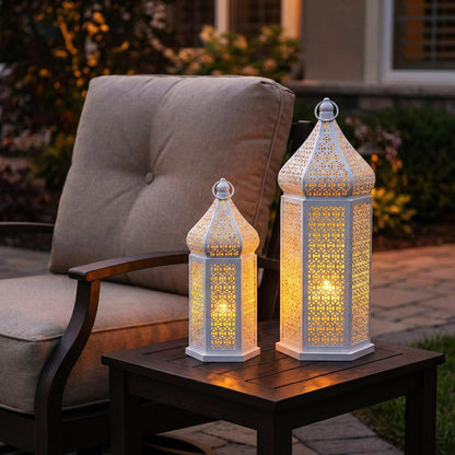 Tower Temple Moroccan Lantern Lamp Decorative Candle Holders - White Set of 2 - PT08