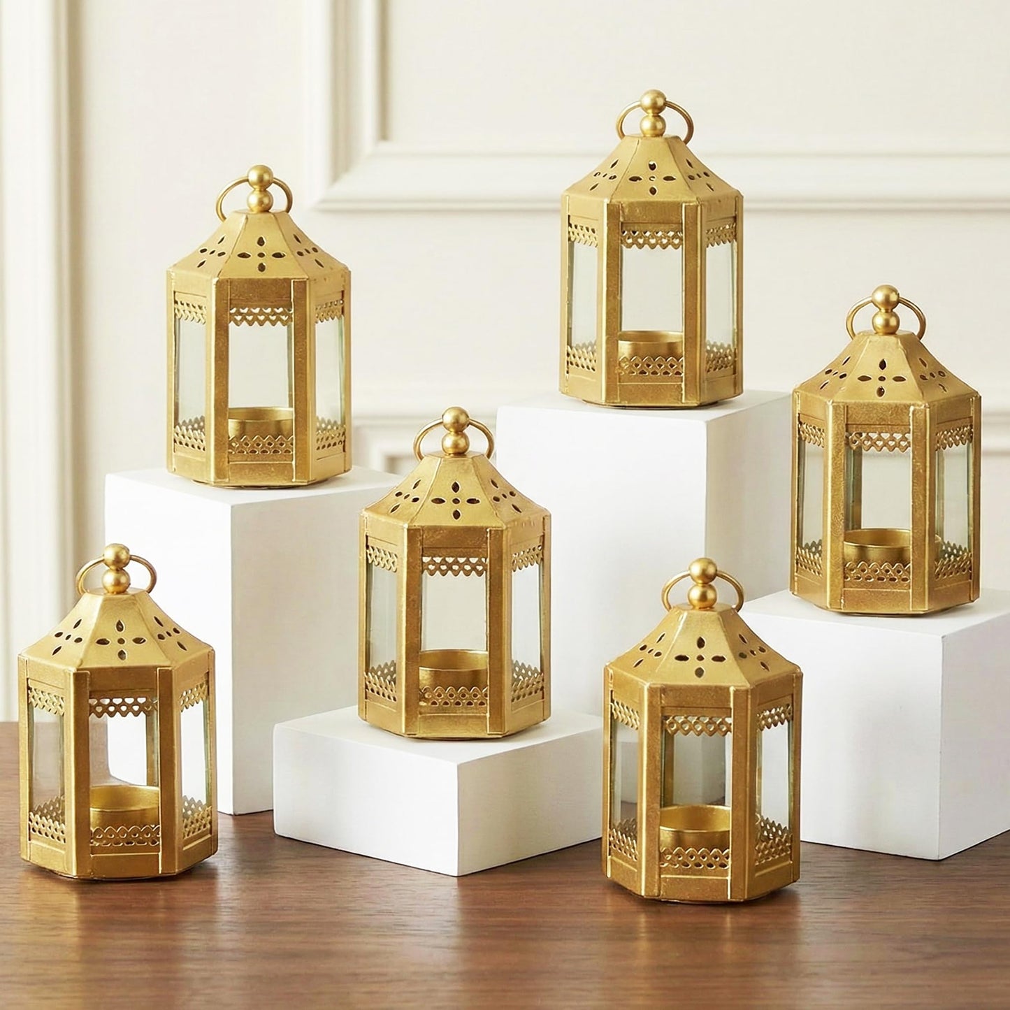 6pc Mini Small 4.5 Inch Metal Moroccan Lanterns Decorative Candle Tealight Holders for Centerpieces, Ramadan, Home Decor, Weddings, Gold - Gold Set of 6 - MAIN