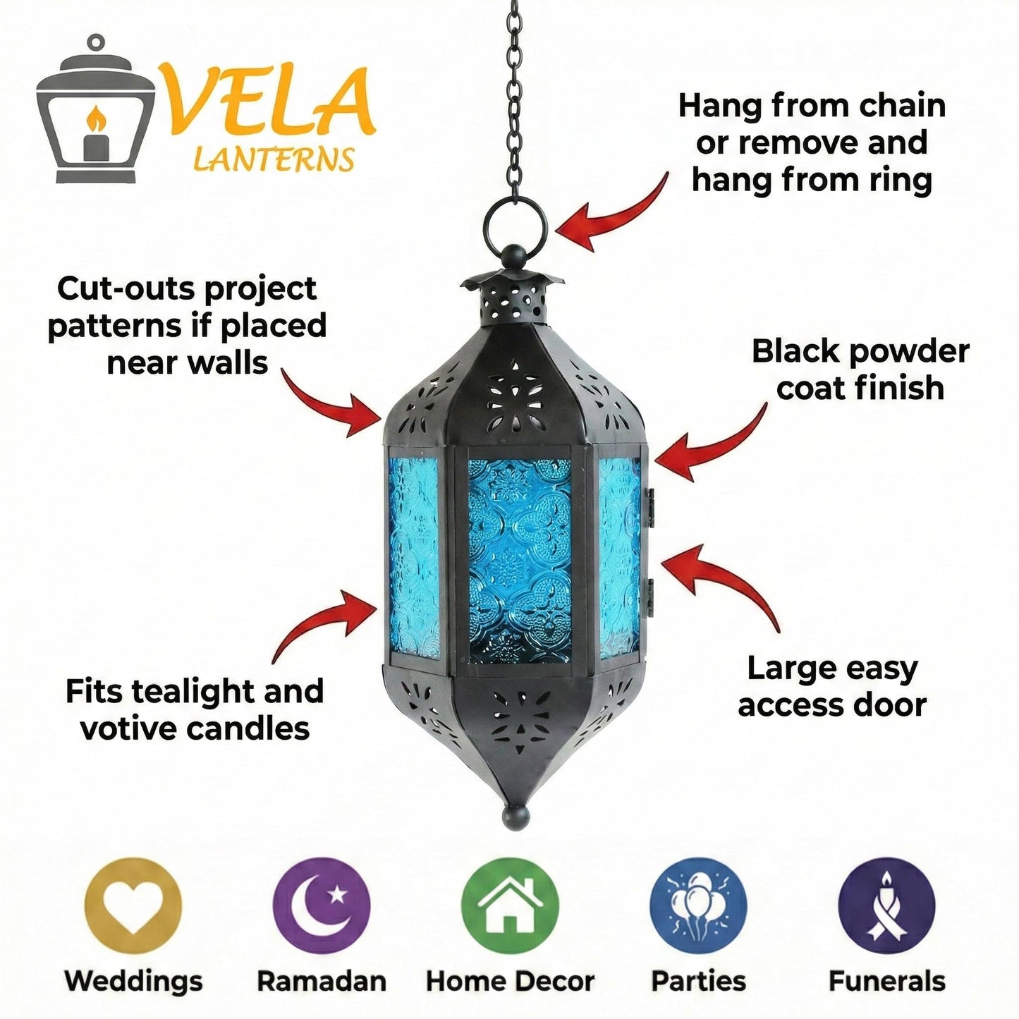 Hanging Moroccan Decorative Candle Lantern Holders for Outdoor Décor - Aqua Blue Hanging - PT04