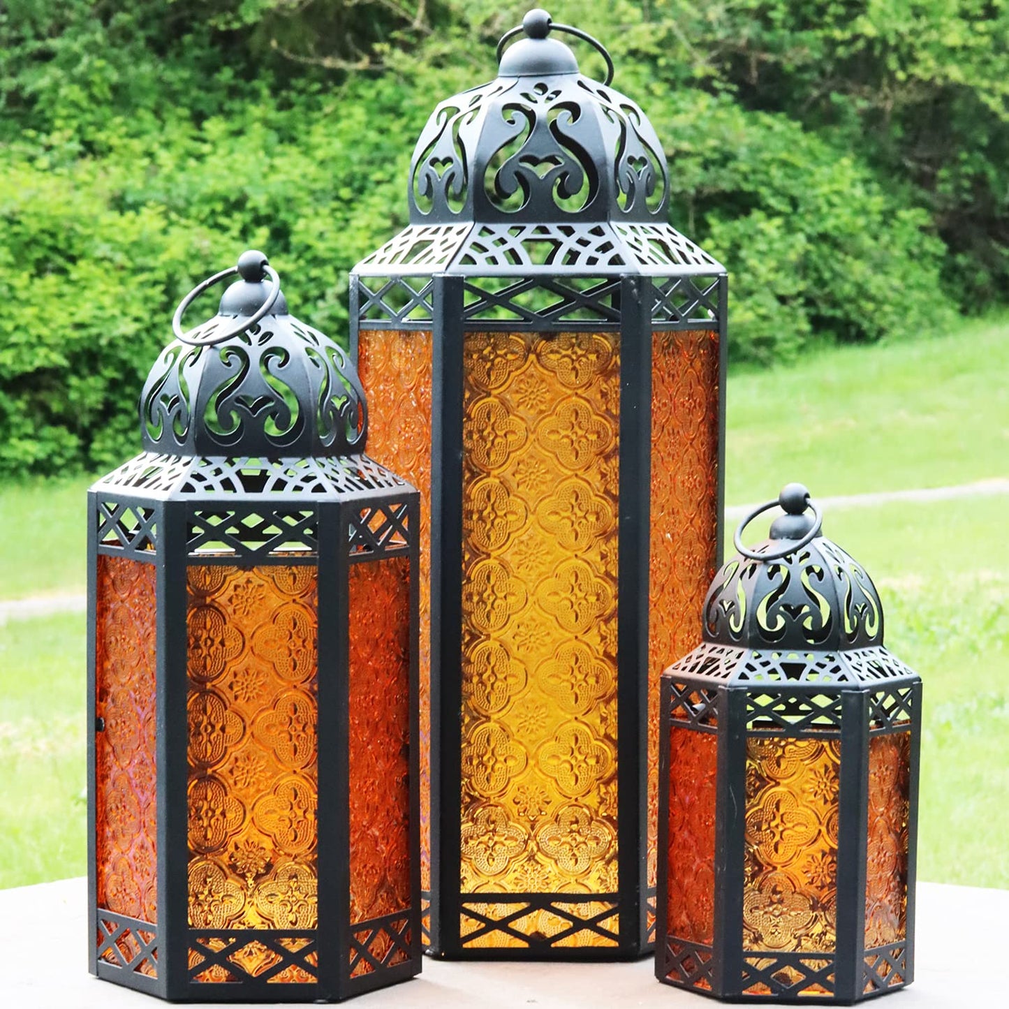 Set of 3 Metal Moroccan Candle Lantern Holders (XL, Large, Small) - Decorative Indoor/Outdoor Decor for Patio, Floor, Weddings & Ramadan - Silver XL-LAR-SM - MAIN