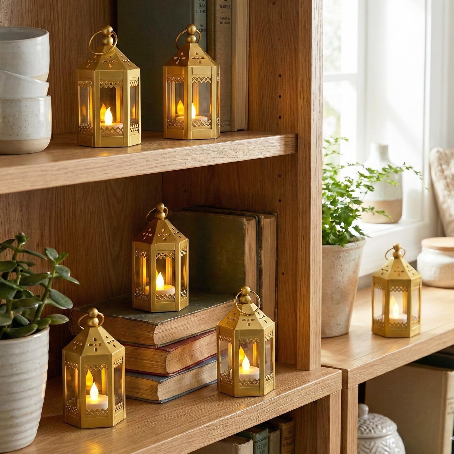 6pc Mini Small 4.5 Inch Metal Moroccan Lanterns Decorative Candle Tealight Holders for Centerpieces, Ramadan, Home Decor, Weddings, Gold - Gold Set of 6 - PT05