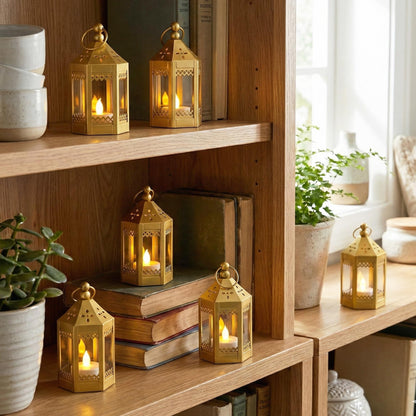 6pc Mini Small 4.5 Inch Metal Moroccan Lanterns Decorative Candle Tealight Holders for Centerpieces, Ramadan, Home Decor, Weddings, Gold - Gold Set of 6 - PT05