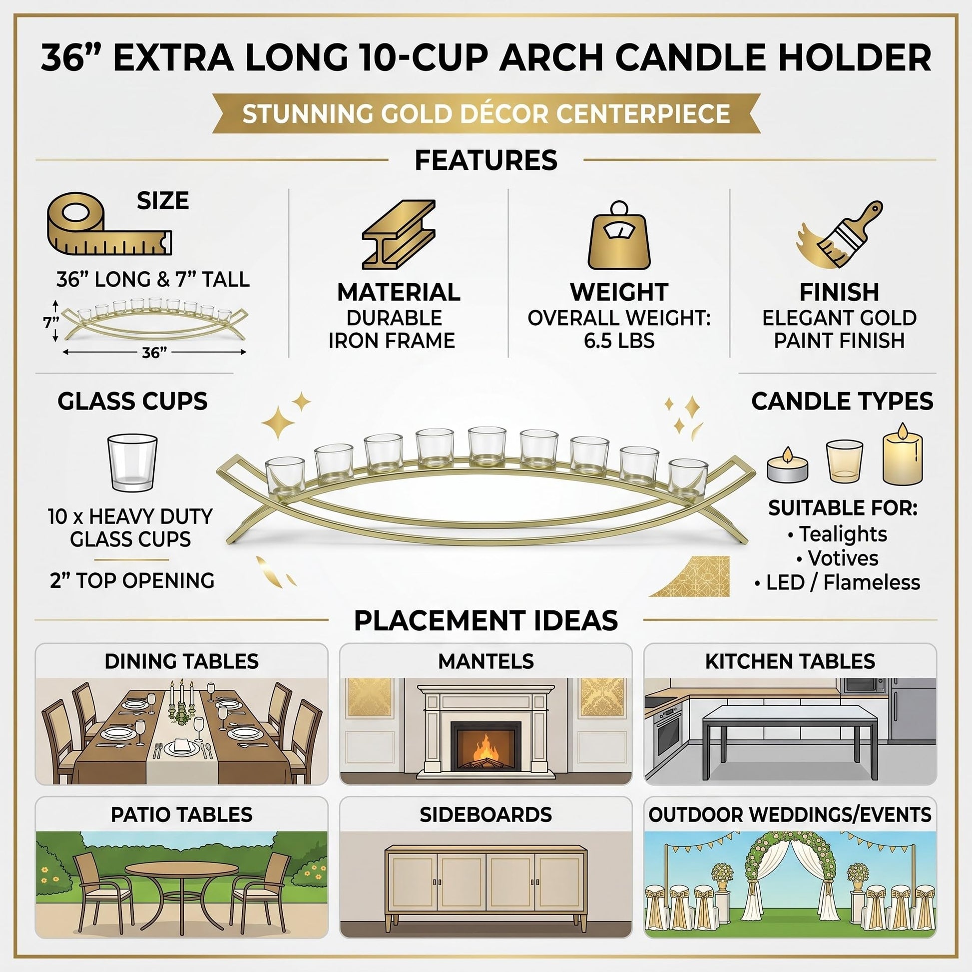 36" Extra Long Iron Arch Table Centerpiece Decorations Long Candle Holder for Weddings, Patio, Kitchen, Dining Room, and Coffee Tables, Gold, Clear Chunky 10 Cu - Gold/Clear 10 Cup - PT03