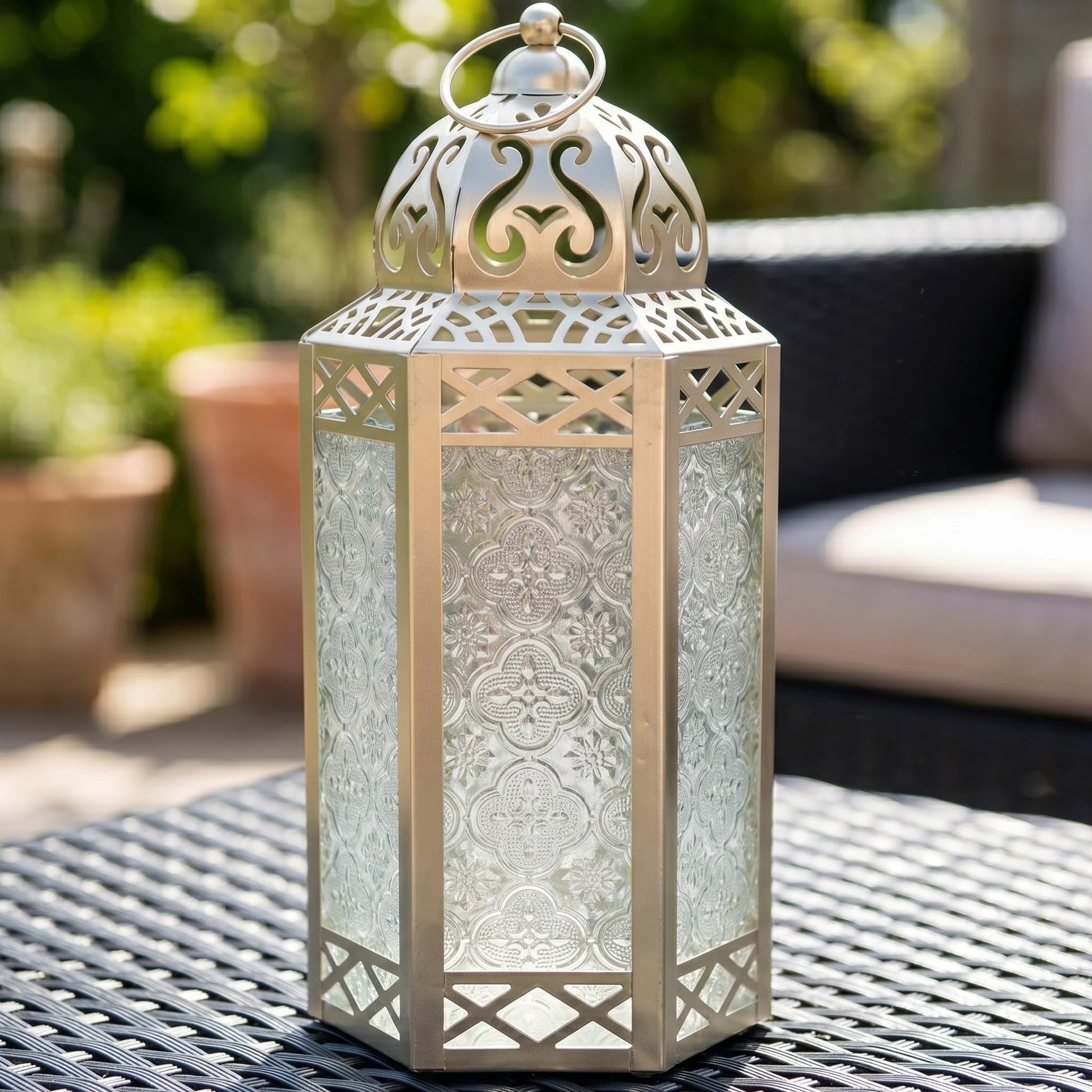 Black Metal Decorative Moroccan Lantern Candle Holder Lamp - Indoor/Outdoor, Home Decor, Patio, Weddings, Christmas - White Gold Large - PT07