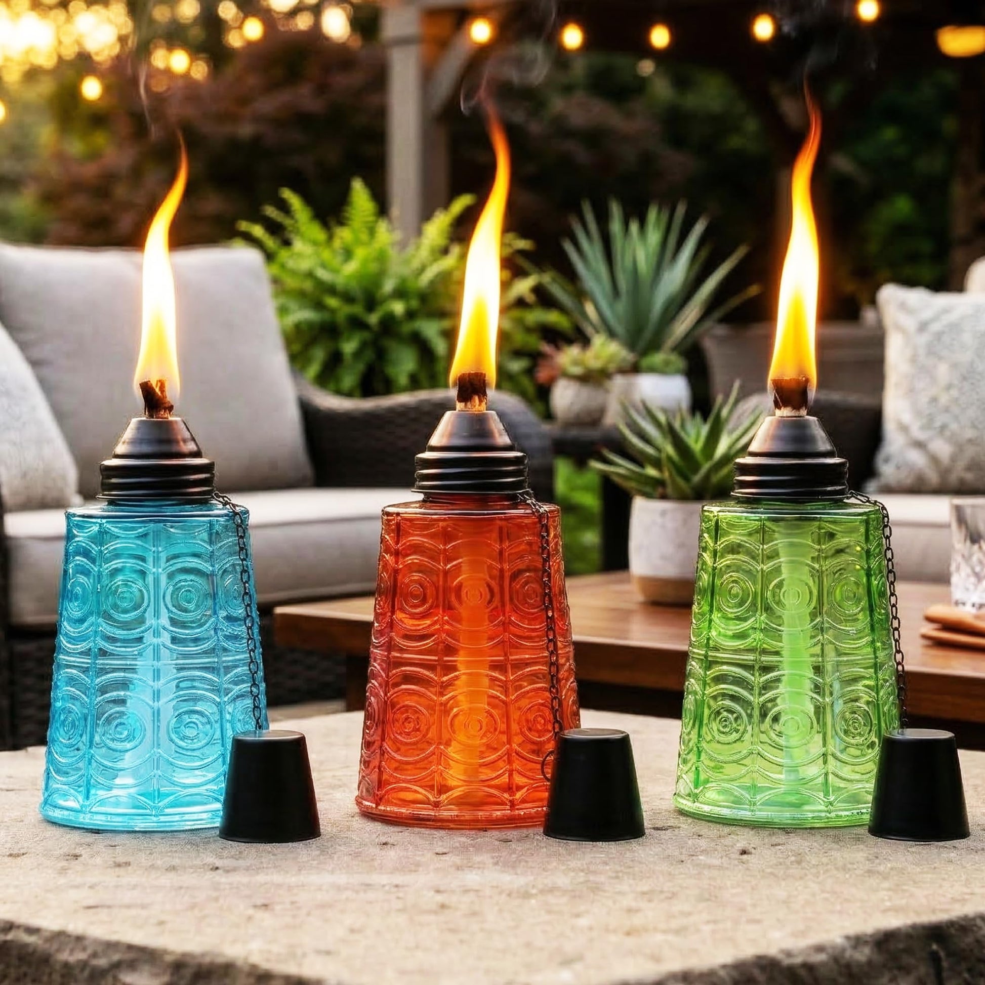 Citronella Table Top Torches for Outdoor Patio, 16oz Decorative Glass Torch Citronella Candles for Outside Deck, Garden, Parties, Set of 3, Blue/Amber/Green - Blue/Amber/Green - MAIN