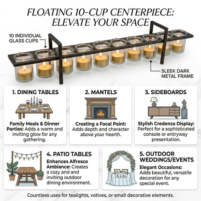 10-Cup Rustic Modern Floating Candle Holder Table Centerpiece Decoration for Dining Room, Kitchen, Patio, Weddings, Metal Iron with Glass Cups, 33" Extra Long - Black With Gold Brush 10-Cup - PT05